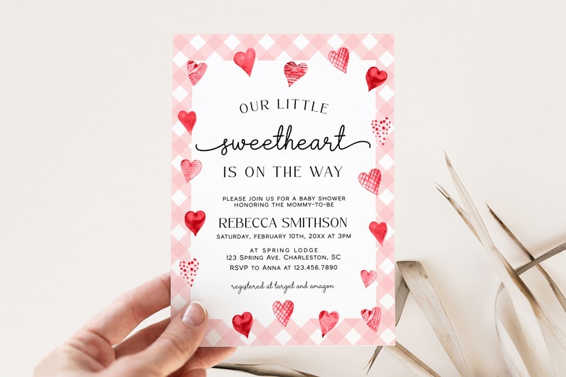 Valentine Baby Shower Invitation Template, Little Sweetheart Baby Shower Invite, Pink Red Hearts Baby Shower Invitation HEART image 2