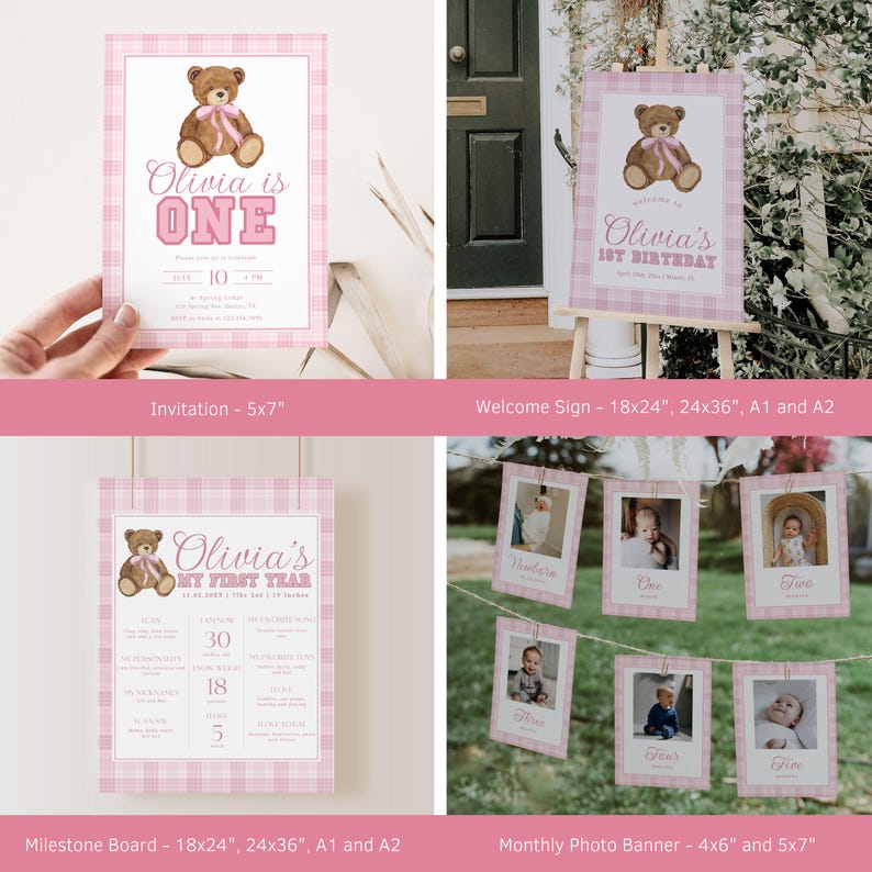 Pink Teddy Bear First Birthday Invitation Bundle, Vintage Beary 1st ...