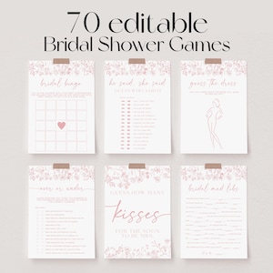 May include: Seven printable bridal shower games, including "Bridal Bingo" and "Guess the Dress", are displayed on a light background. Each game is printed on a white card with a floral design and secured with tape. The text "70 editable Bridal Shower Games" is at the top.