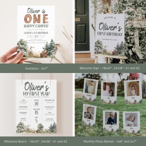 May include: A set of printable party decorations for a first birthday with a woodland theme. The set includes an invitation, a welcome sign, a milestone board, and a monthly photo banner. The decorations feature a brown bear, a campfire, and a tent.