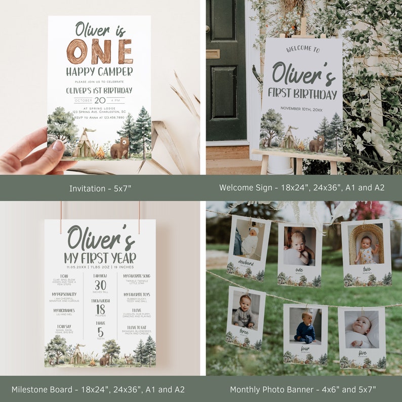 May include: A set of printable party decorations for a first birthday with a woodland theme. The set includes an invitation, a welcome sign, a milestone board, and a monthly photo banner. The decorations feature a brown bear, a campfire, and a tent.