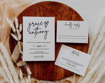 Modern Wedding Invitation Template Suite, Minimalist Wedding Invitation Set Printable, Editable Wedding Invite, Simple Wedding Evite | GRACE
