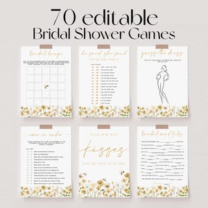 May include: A collection of seven printable bridal shower games. Each game card features a floral border and is secured with tape. The text "70 editable Bridal Shower Games" is at the top. Games include "Bridal Bingo" and "Guess the Dress".