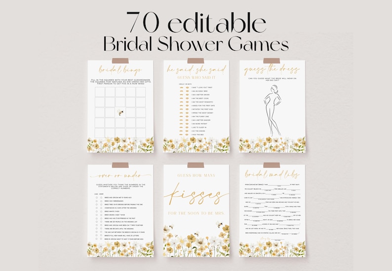 May include: A collection of seven printable bridal shower games. Each game card features a floral border and is secured with tape. The text "70 editable Bridal Shower Games" is at the top. Games include "Bridal Bingo" and "Guess the Dress".