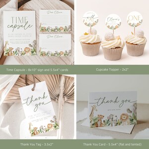 May include: A collection of safari-themed party supplies. Includes a sign, cards, cupcake toppers, thank you tags, and a thank you card. The items feature illustrations of safari animals and the text "Time Capsule", "Dear Oliver", "Camp is a wild one", "Oliver's First Birthday", "Thank You".
