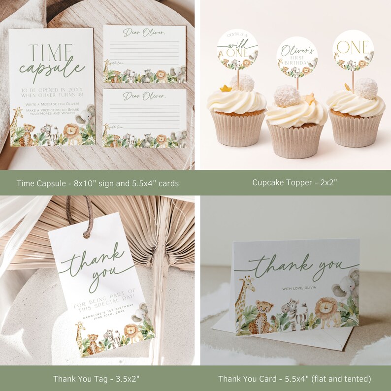 May include: A collection of safari-themed party supplies. Includes a sign, cards, cupcake toppers, thank you tags, and a thank you card. The items feature illustrations of safari animals and the text "Time Capsule", "Dear Oliver", "Camp is a wild one", "Oliver's First Birthday", "Thank You".