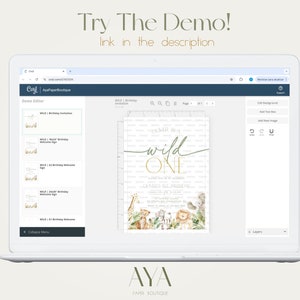 May include: A laptop displays a digital invitation design with the text "Try The Demo!" and "link in the description." The invitation features a "Wild One" theme with watercolor animal illustrations and gold lettering. The design is for a birthday.