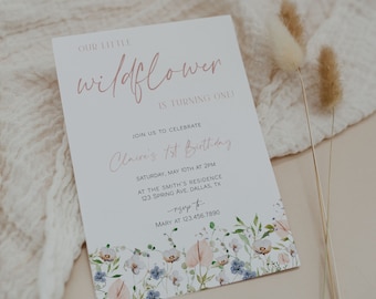 Wildflower First Birthday Invitation Template, Girl 1st Birthday Invite, Pink Flowers Birthday Invitation, Garden 1st Birthday Party | BLAIR