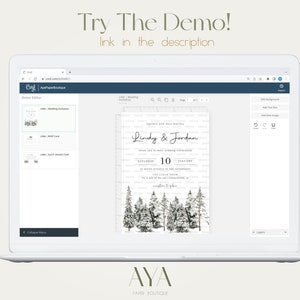 Puede incluir: Captura de pantalla de una computadora que muestra un sitio web para crear invitaciones de boda. El sitio web tiene un fondo blanco y un encabezado azul. El sitio web muestra una vista previa de una invitaci&oacute;n de boda con un tema de bosque. La invitaci&oacute;n tiene una ilustraci&oacute;n en blanco y negro de &aacute;rboles y el texto "Lindy & Jordan" y "10 de enero".