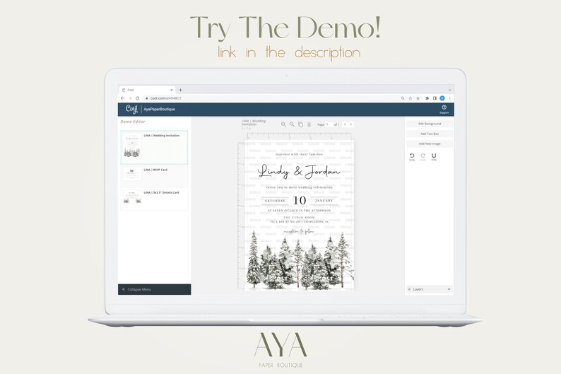Puede incluir: Captura de pantalla de una computadora que muestra un sitio web para crear invitaciones de boda. El sitio web tiene un fondo blanco y un encabezado azul. El sitio web muestra una vista previa de una invitaci&oacute;n de boda con un tema de bosque. La invitaci&oacute;n tiene una ilustraci&oacute;n en blanco y negro de &aacute;rboles y el texto "Lindy & Jordan" y "10 de enero".