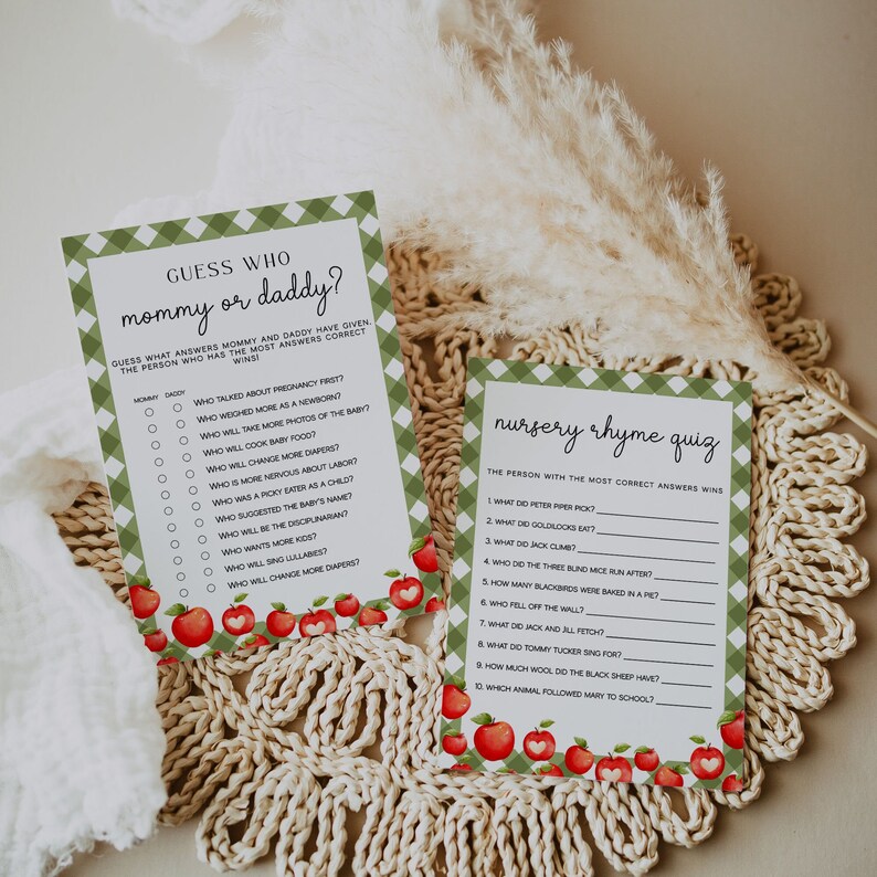 May include: Two printable baby shower game cards with a green and white gingham pattern. The first card is titled "Guess Who Mommy or Daddy?" and has a list of questions about the parents-to-be. The second card is titled "Nursery Rhyme Quiz" and has a list of nursery rhyme questions. Both cards are decorated with red apples.