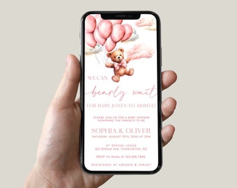 Pink Bear Baby Shower Evite, Girl Balloon Invite (Digital Download)