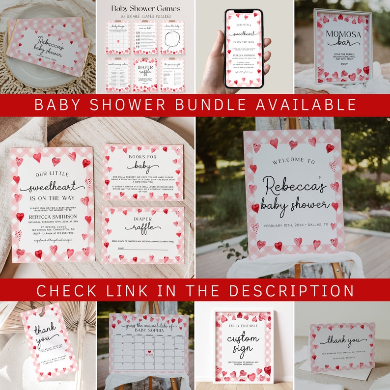 Valentine Baby Shower Invitation Template, Little Sweetheart Baby Shower Invite, Pink Red Hearts Baby Shower Invitation HEART image 4