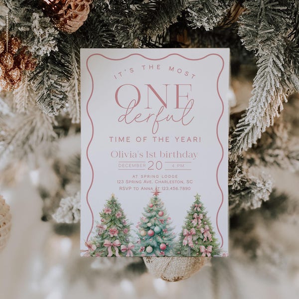 Pink Christmas First Birthday Invitation Template, Most Onederful Time of The Year Birthday Invitation, Winter First Birthday Invite | BELLE