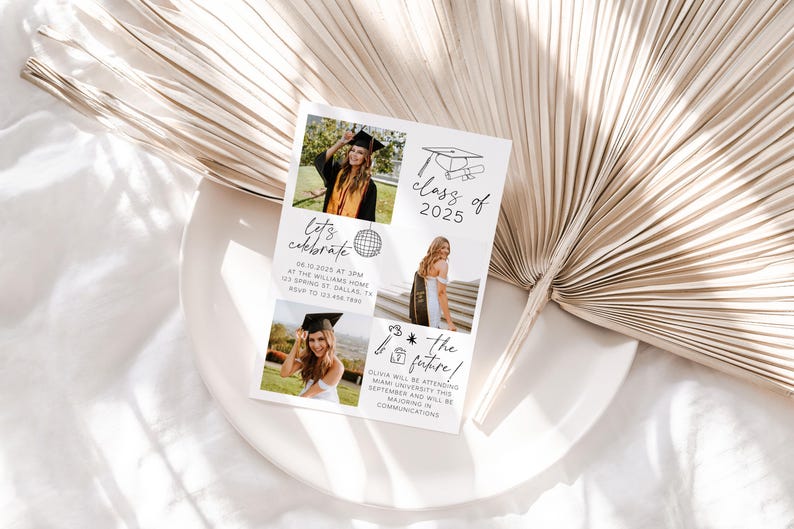 May include: A graduation party invitation with a white background and black text. The invitation features photos of a graduate in a cap and gown, a disco ball, and a graduation cap. The text reads "Let's celebrate" and "Class of 2025".