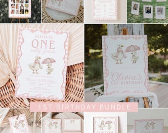 One Silly Goose First Birthday Invitation Bundle, Gingham 1st Birthday Invitation Template, Pink Goose Birthday Decor | NOVA