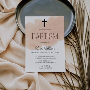 Pink Baptism Invitation Template, Blush Pink Christening Invitation Printable, Girl Baptism Invite, Baptism Photo Invitation | GREY