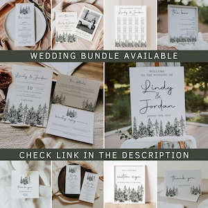 Puede incluir: Un conjunto de invitaciones de boda con tem&aacute;tica de bosque. El conjunto incluye una tarjeta de guardar la fecha, una invitaci&oacute;n, una tarjeta de detalles, una tarjeta RSVP, un cartel de bienvenida, un plano de asientos, un cartel de bar y una tarjeta de agradecimiento. Todas las tarjetas presentan una ilustraci&oacute;n en blanco y negro de un bosque.