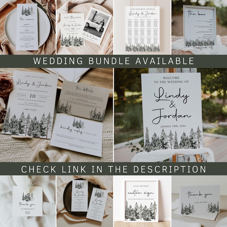 Puede incluir: Un conjunto de invitaciones de boda con tem&aacute;tica de bosque. El conjunto incluye una tarjeta de guardar la fecha, una invitaci&oacute;n, una tarjeta de detalles, una tarjeta RSVP, un cartel de bienvenida, un plano de asientos, un cartel de bar y una tarjeta de agradecimiento. Todas las tarjetas presentan una ilustraci&oacute;n en blanco y negro de un bosque.