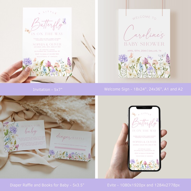 Butterfly Baby Shower Invitation Bundle, Wildflower Theme (digital ...