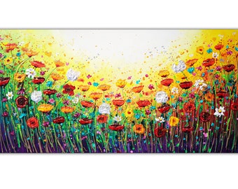 Impasto Wildflower Painting on Canvas, Thick Paint, Palette Knife Art