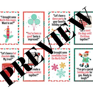 Puede incluir: Ocho tarjetas de Navidad imprimibles con ilustraciones festivas y texto con temática navideña. Las tarjetas incluyen frases como "Tomemos una cita de chocolate caliente" y "Traje algo de magia del Polo Norte".