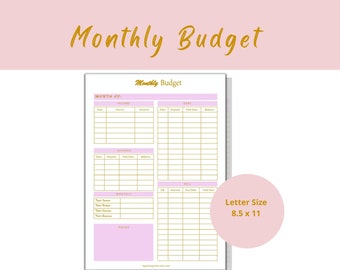 Op de afbeelding: Een roze en gouden maandelijkse budgetplanner met de woorden "Monthly Budget" bovenaan. De planner bevat secties voor inkomsten, besparingen, schulden en rekeningen. Het papierformaat is 21,6 x 27,9 cm.
