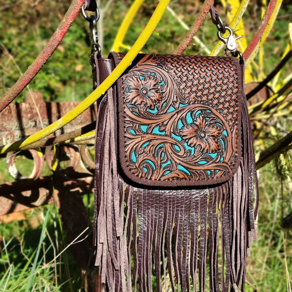 Tooled Leather Bag, Crossbody Fringe Bag, Western Cowgirl Style, Southwest Trendy Cowgirl Purse, Gift For Her, TheRoosterDenCoCA