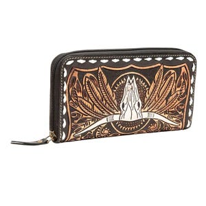 Portefeuille Western Cowgirl Longhorn Steer Skull en cuir repoussé