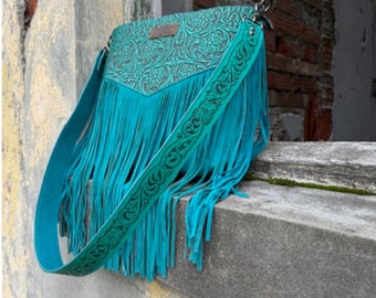 Wrangler Western Turquoise Fringe Purse, Floral Embossed Vintage Tote Bag, Cowgirl Rodeo,  Gift For Her, FREE SHIPPING, TheRoosterDenCoCA