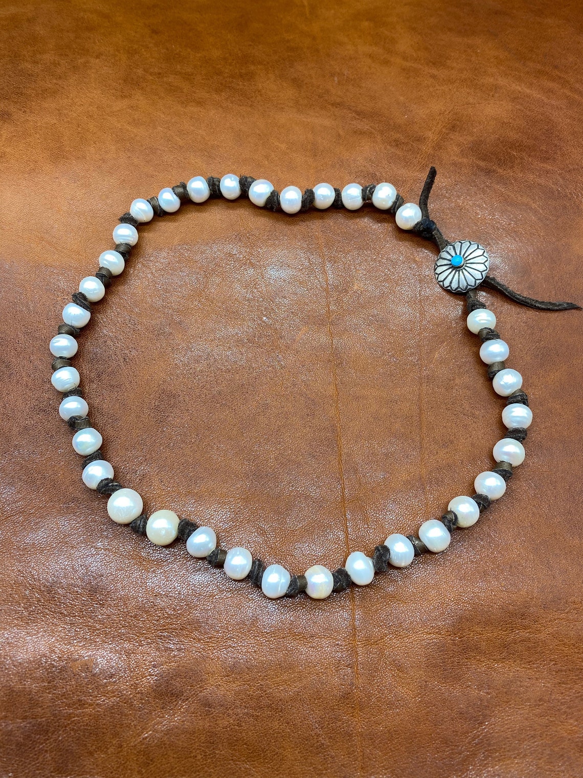 Leather & Pearl Necklace With Sterling Concho Etsy