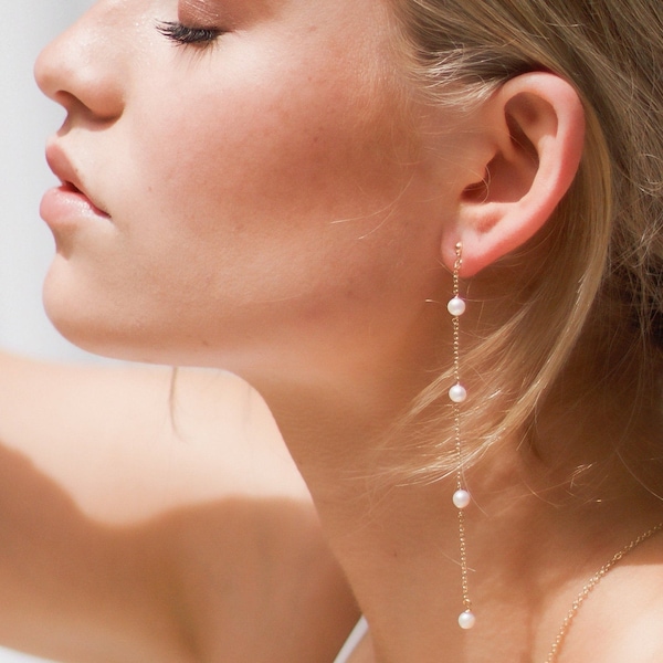 Long Pearl Drop Earrings, 14k Gold filled or 925 Sterling Silver Small Freshwater Pearl Dangle Chain Earrings (Myla)