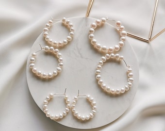 Freshwater White Pearl Hoops, 14k Gold-filled Sterling Silver Round Pearl Small to Large Hoop Earrings (Molly)