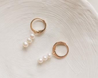 Dainty Peal Drop Huggies, Trio Small Pearl Drop, Huggie Pearl Hoop Earrings ( Elena)