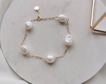 Large Baroque Pearl Bracelet, 14k Gold-filled Sterling Silver Link Chain Adjustable Bracelet, Freshwater White Baroque Pearl (Ashley)