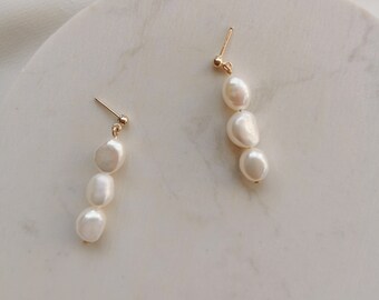 Baroque Pearls Drop Ear Studs, Gold Ear Studs with 3 Freshwater Baroque Pearl Drop Earrings, Pearl Stud Earrings (Valeria III Earrings)