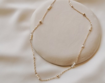 Dainty Pearl Gold Ball Bead Choker Necklace, Layering Pearl Necklace, Beaded Choker Necklace, Delicate Pearl Necklace (Helen)