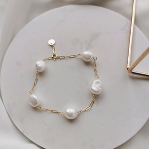 Large Baroque Pearl Bracelet, 14k Gold-filled Sterling Silver Link Chain Adjustable Bracelet, Freshwater White Baroque Pearl (Ashley)