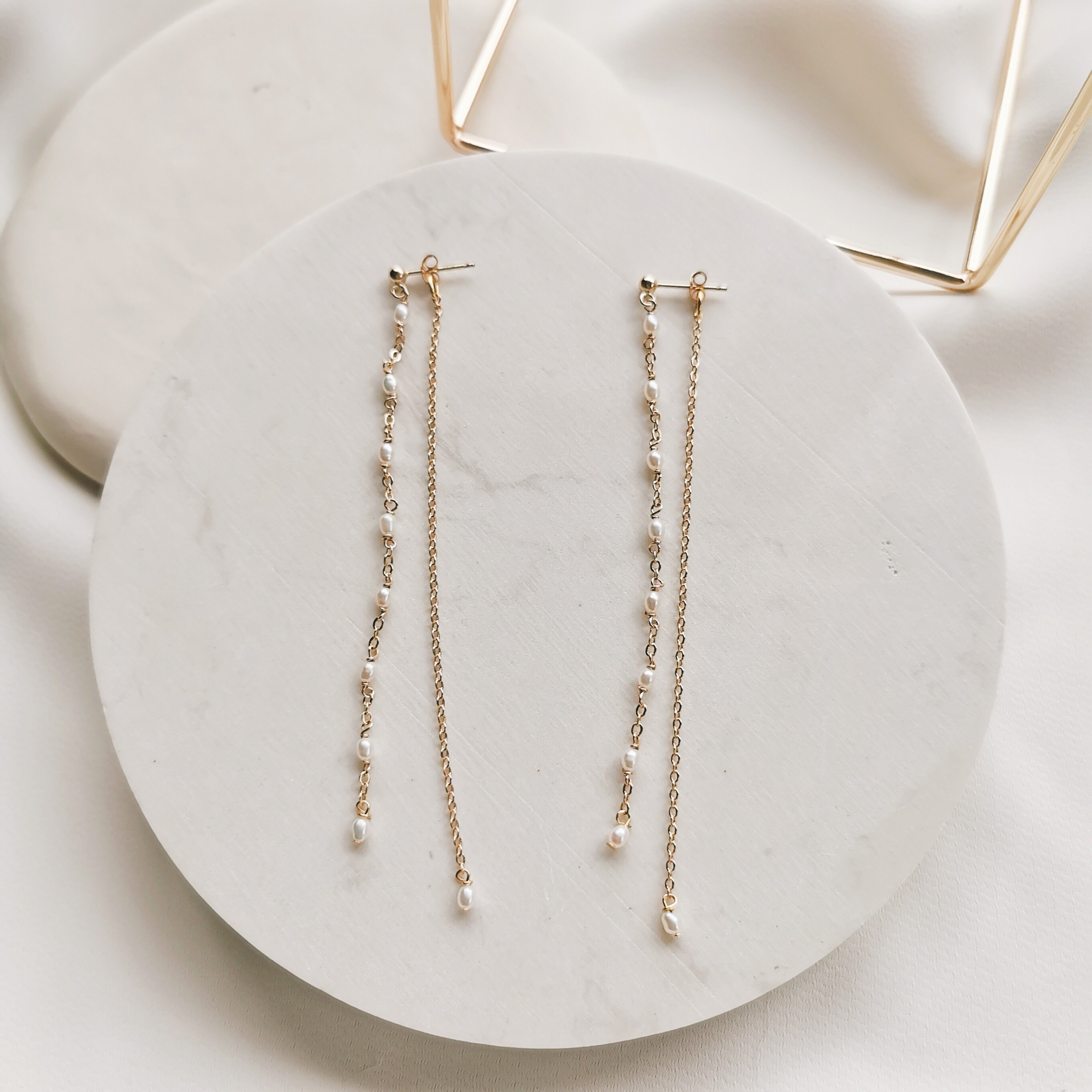 Tiny Pearl Drop Thread Earrings, Front and Back Drop Earrings, Dangling ...