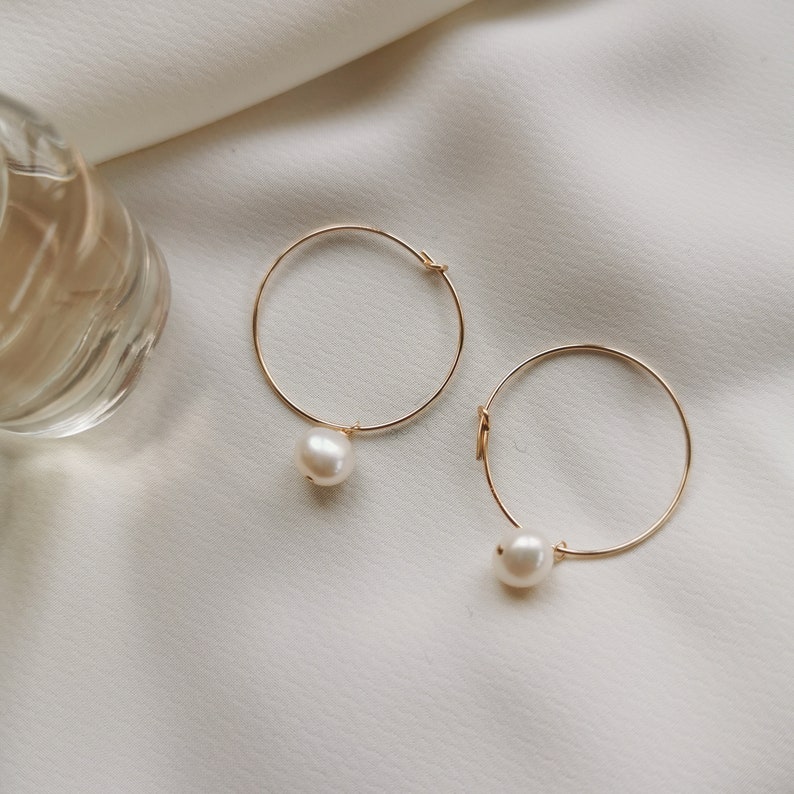 Small Pearl Drop Hoop Earrings, 14k Gold-filled or 925 Sterling Silver Hoops Freshwater 6mm White Pearl, Minimalist Elegant Hoops Julia image 1