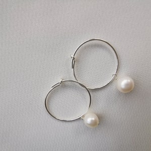 Small Pearl Drop Hoop Earrings, 14k Gold-filled or 925 Sterling Silver Hoops Freshwater 6mm White Pearl, Minimalist Elegant Hoops Julia image 3