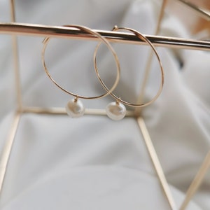 Small Pearl Drop Hoop Earrings, 14k Gold-filled or 925 Sterling Silver Hoops Freshwater 6mm White Pearl, Minimalist Elegant Hoops Julia image 6