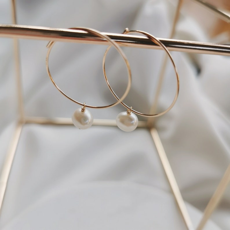 Small Pearl Drop Hoop Earrings, 14k Gold-filled or 925 Sterling Silver Hoops Freshwater 6mm White Pearl, Minimalist Elegant Hoops Julia image 6