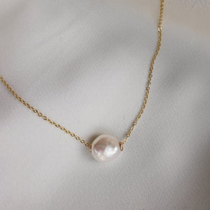 Floating Baroque Pearl Necklace, Freshwater 11mm Baroque Pearl 14k Gold-filled 925 Sterling Silver Cable Chain Necklace Erica II image 2