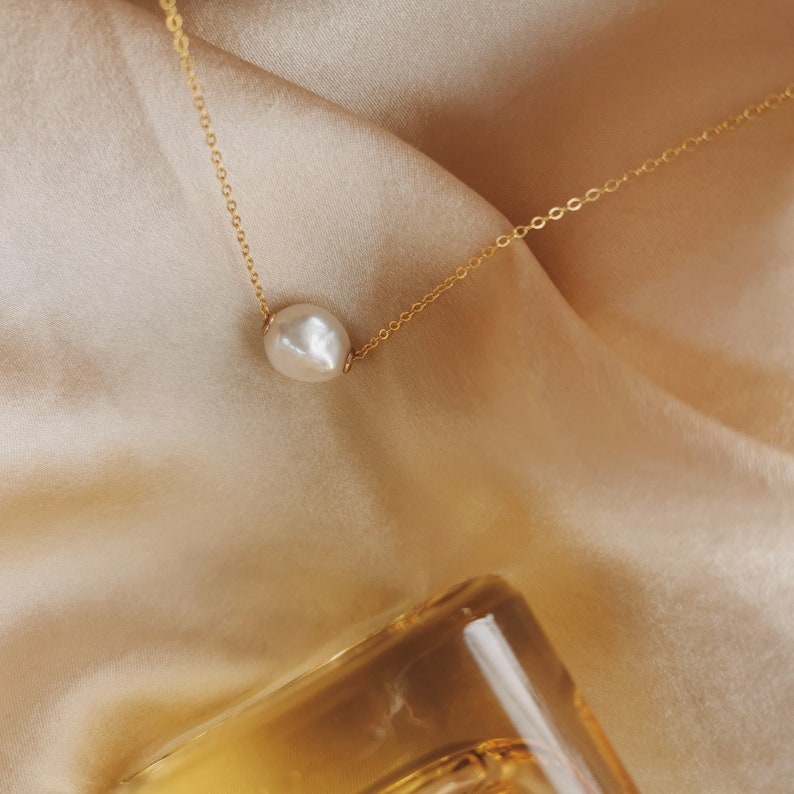 Floating Baroque Pearl Necklace, Freshwater 11mm Baroque Pearl 14k Gold-filled 925 Sterling Silver Cable Chain Necklace Erica II image 7