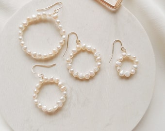 Dangle Pearl Hoops Earrings, Hoop Earrings, Bridal Pearl Earrings, Small Baroque Pearl Hoops (Saylor)