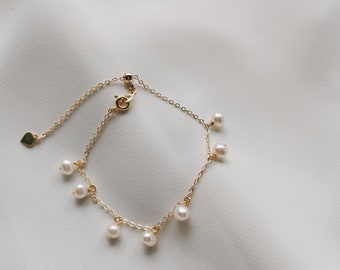 Tiny Pearl Bracelet, 14k Gold-filled Sterling Silver Bracelet, Small Freshwater Pearl Charm Bracelet, Dainty Gold Bracelet (Ellie)