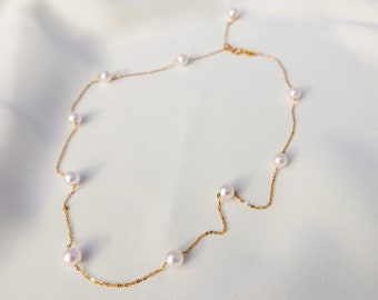 Akoya Pearl Necklace, 18k Gold, Pearl Choker Necklace, Solide Gold Necklace, 14k solid gold, Petite pearl necklace,  Dainty Pearl Choker