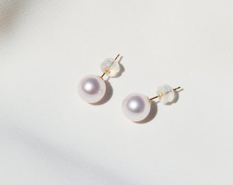 Akoya Pearl Ear Studs, 18k Solid Gold Ear Studs, Single Pearl Stud Earrings, Premium White Round Pearl Studs (Ava)