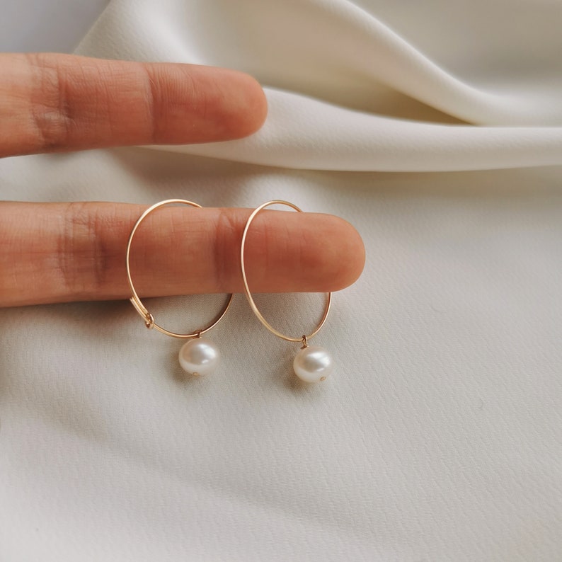 Small Pearl Drop Hoop Earrings, 14k Gold-filled or 925 Sterling Silver Hoops Freshwater 6mm White Pearl, Minimalist Elegant Hoops Julia image 9